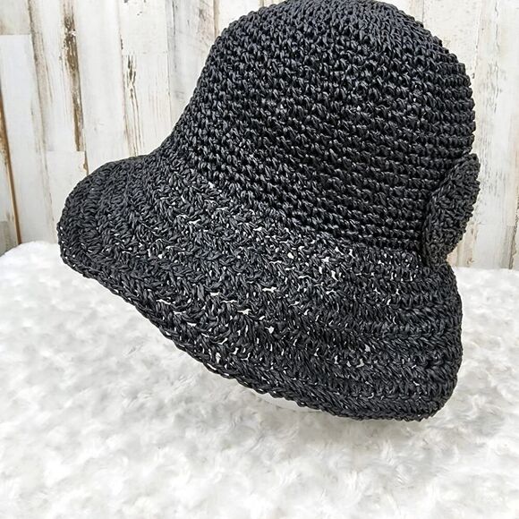 Black Wide Brim Raffia Bow Sun Hat One Size - Picture 2 of 7